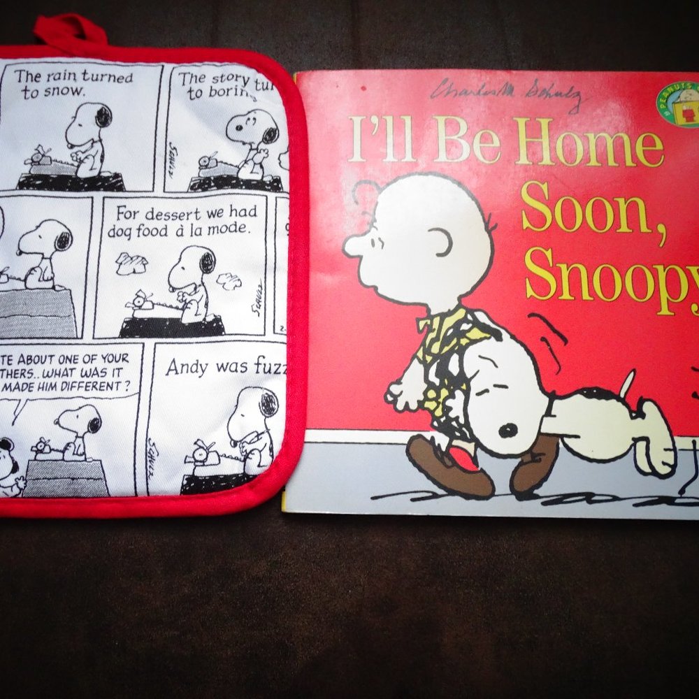 Peanuts Pot Holder And Signed Charlie Brown I'll Be Home Soon Snoopy Book